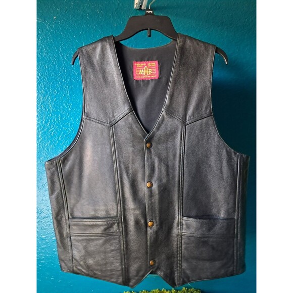Men's MB ELITE Black Genuine Leather Motorcycle Riding Vest L-XL - Picture 8 of 14